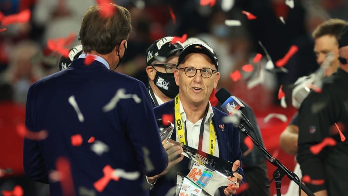 Joel Glazer with the Super Bowl trophy